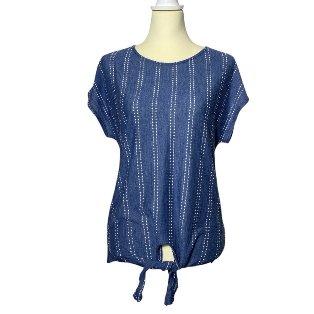 Anthropologie W5 Tie Front Cap Sleeve Top Blue W/ Textured White Stripes Size M